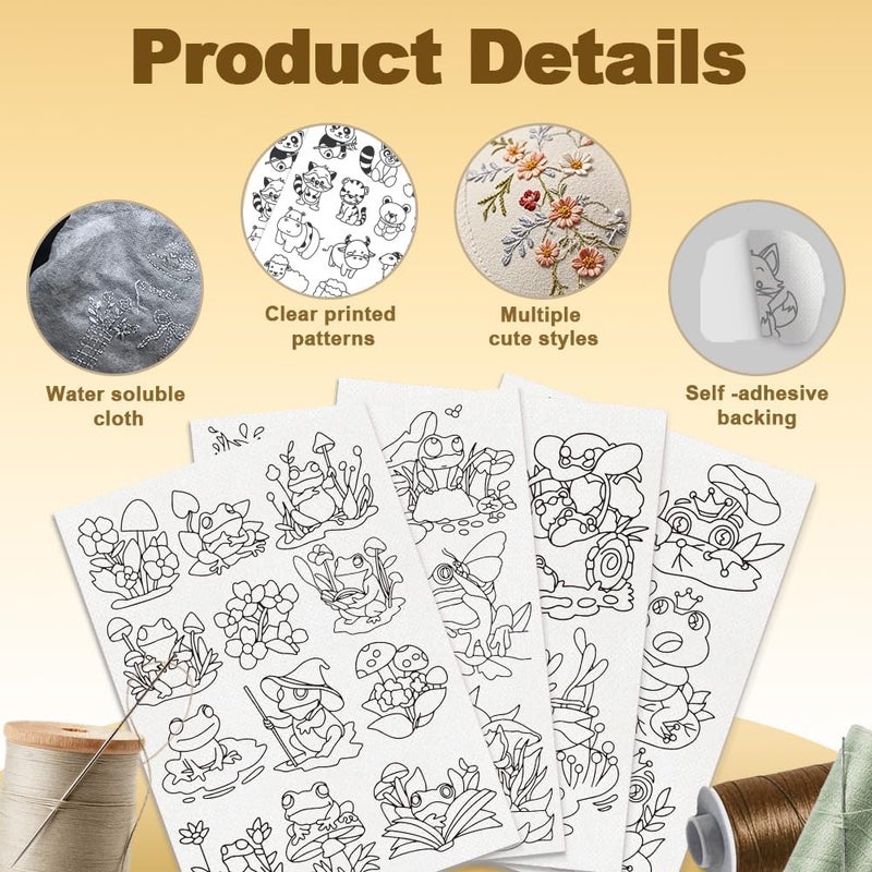 DOODLREAM 27Pcs Frog on Lotus Leaf Embroidery Pattern Stabilizers, 8.3"x11.7" Cartoon Frog Water Soluble Stick and Stitch Embroidery Stickers, 4 Sheets Hand Sewing DIY Embroidery Paper - Image 3